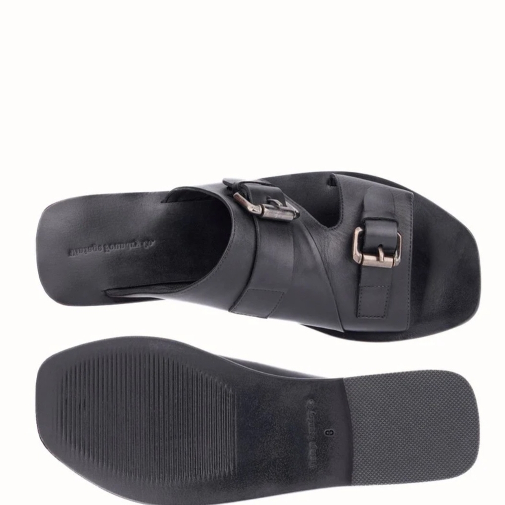 Black Leather-Like Sandals with Metallic Detail